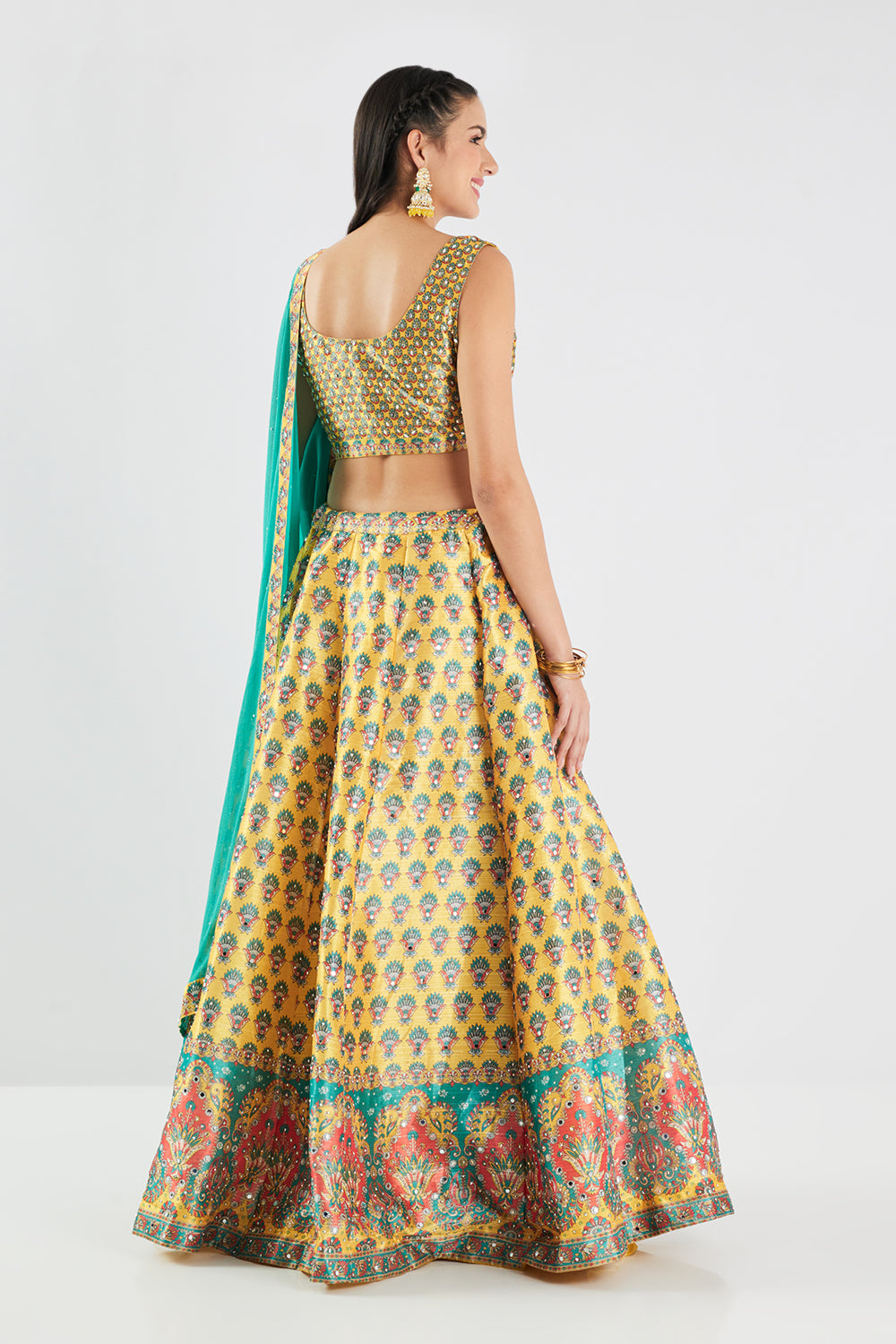 Neerus Yellow silk printed lehenga set - side view