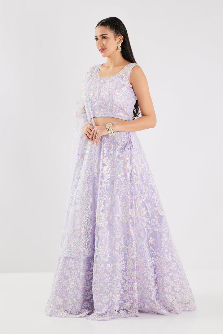 Neerus Purple net embellished lehenga set - back view