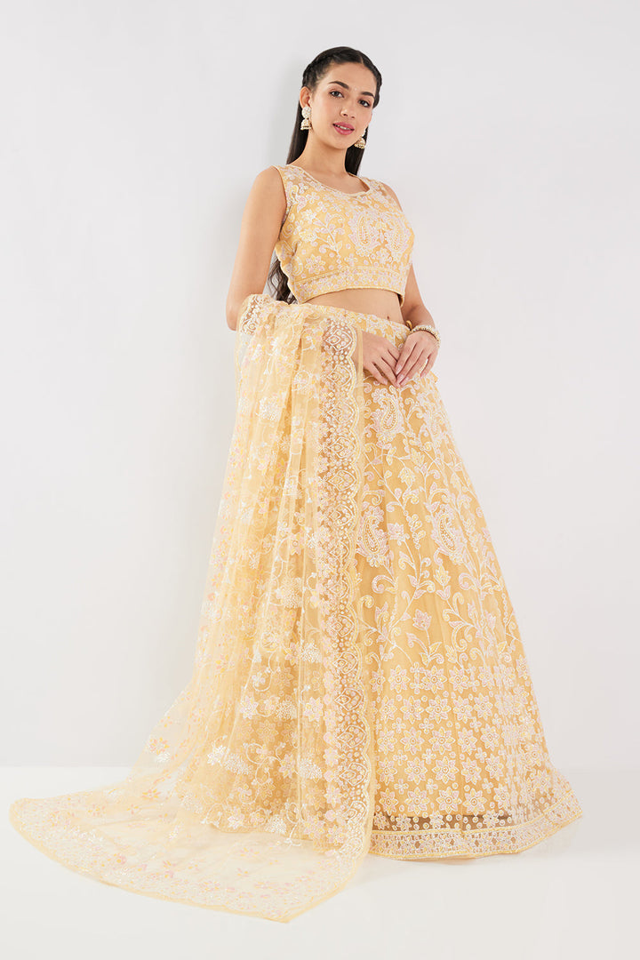 Neerus Yellow net embellished lehenga set - back view
