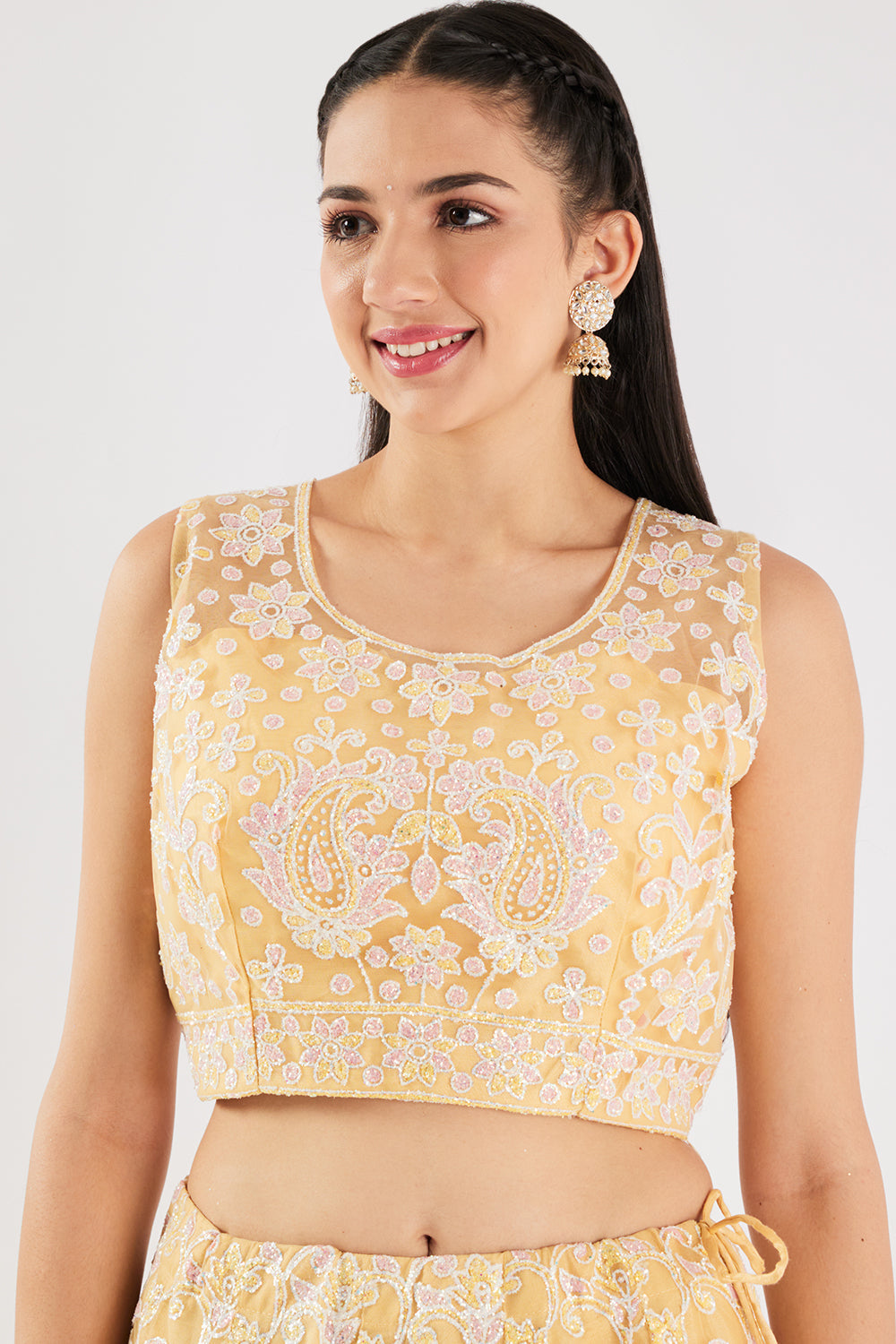 Neerus Yellow net embellished lehenga set - detail view 2