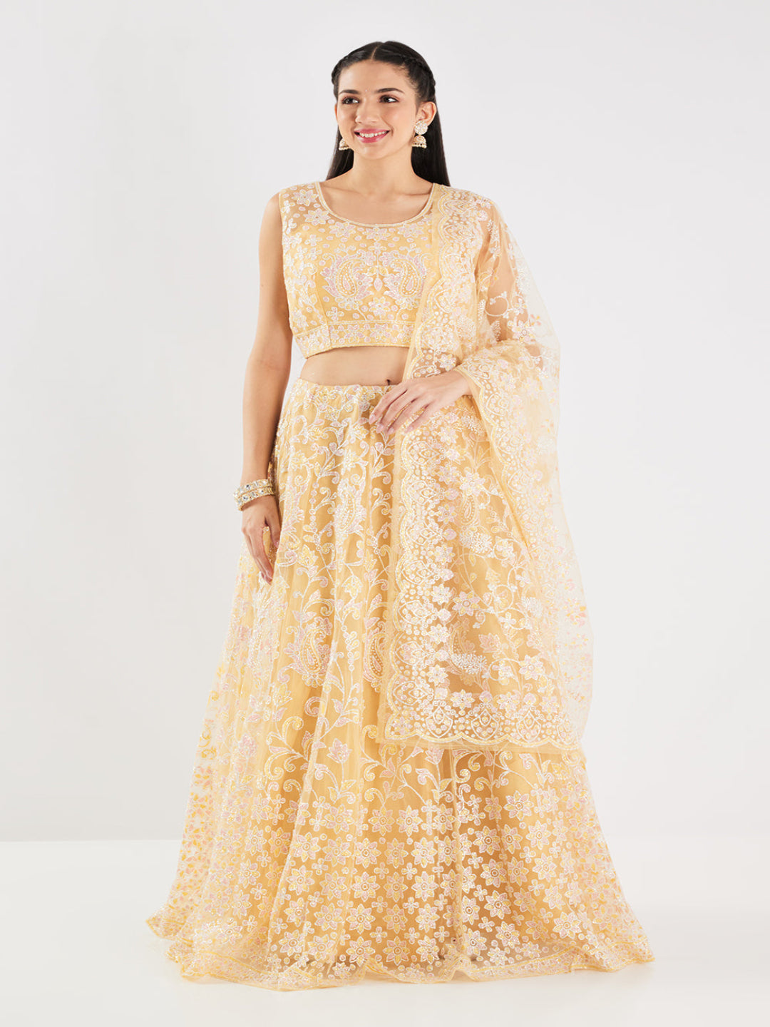 Neerus Yellow net embellished lehenga set - front view