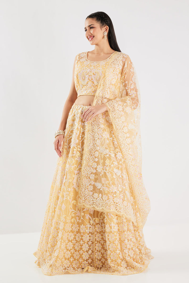 Neerus Yellow net embellished lehenga set - detail view 3