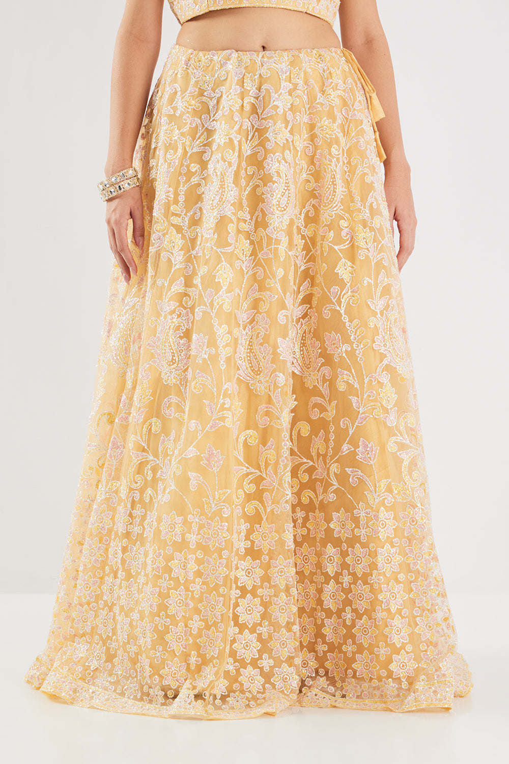 Neerus Yellow net embellished lehenga set - detail view 4