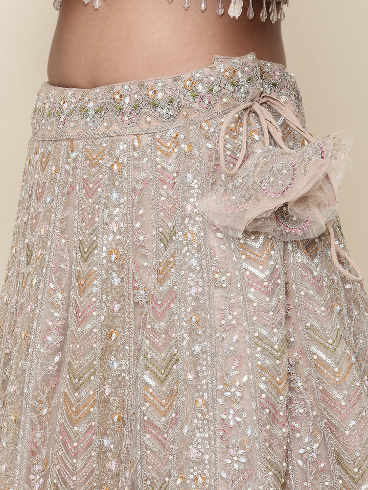 Beige net heavy embroidered three piece ghagra set