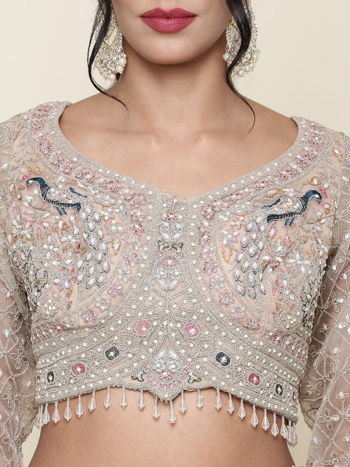 Neerus Beige net embroidered lehenga set - detail view 2