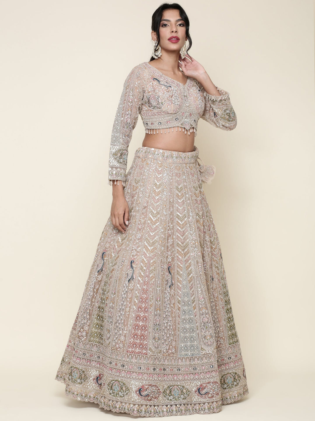 Neerus Beige net embroidered lehenga set - side view