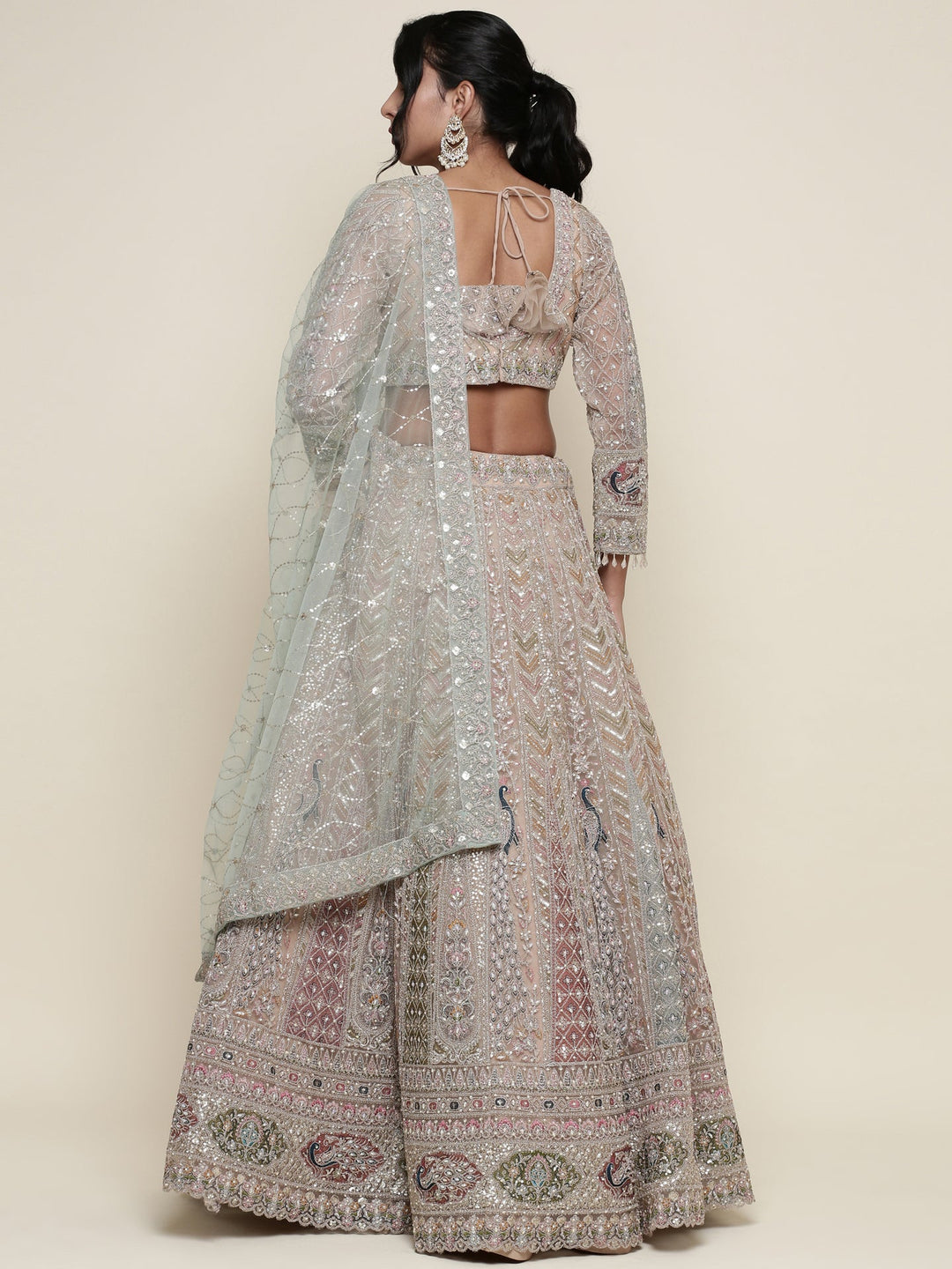 Neerus Beige net embroidered lehenga set - detail view 1