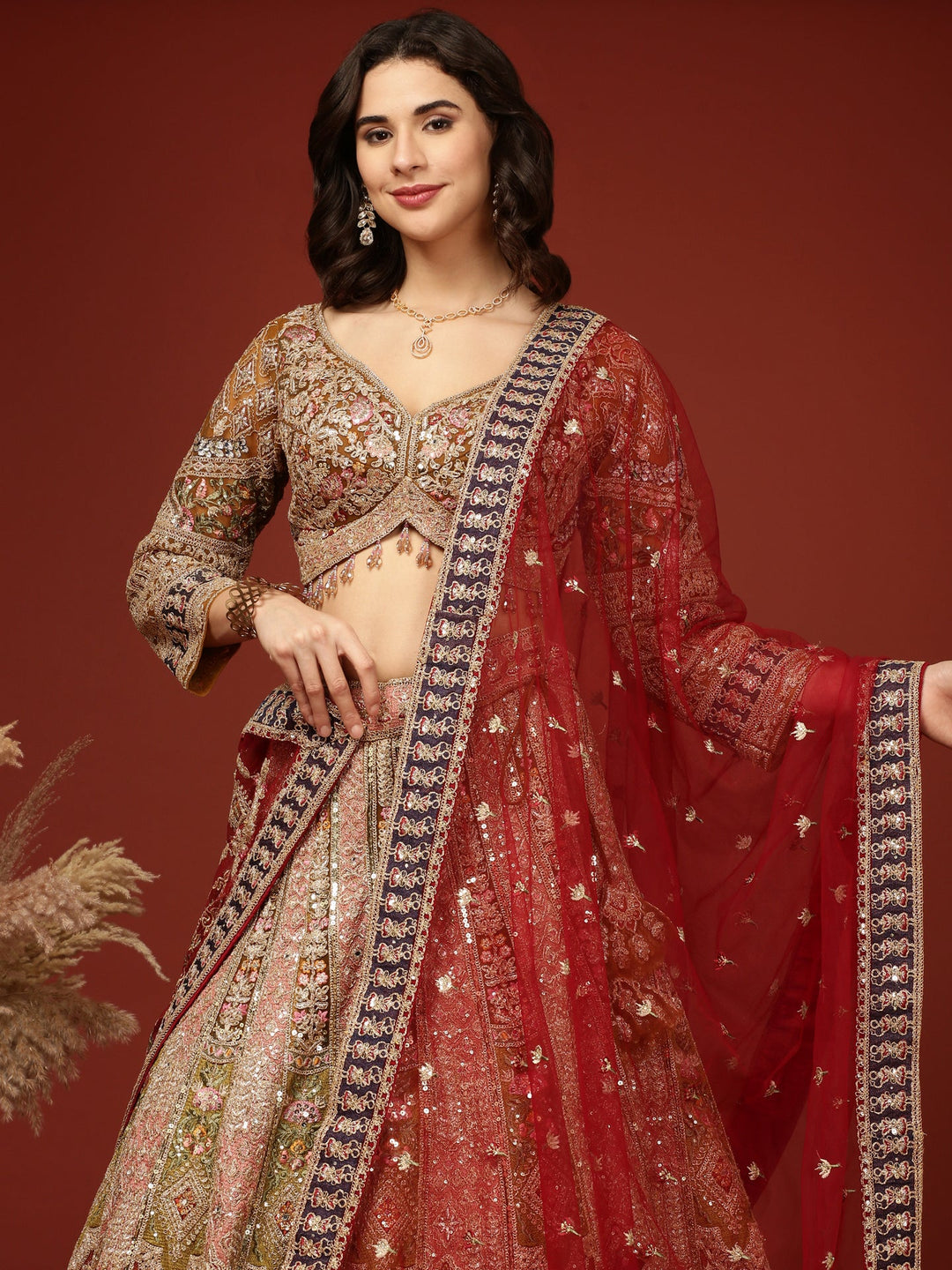 Neerus Yellow net hand embroidered floral lehenga set - back view