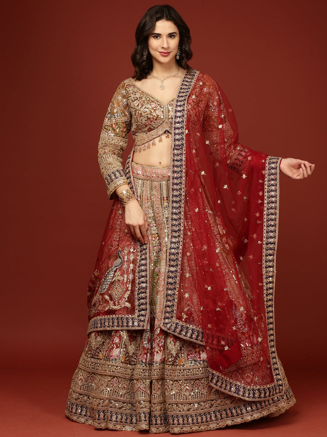 Neerus Yellow net hand embroidered floral lehenga set - front view