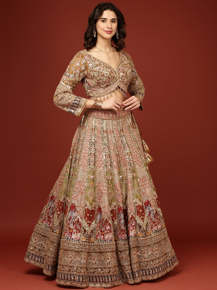 Neerus Yellow net hand embroidered floral lehenga set - side view