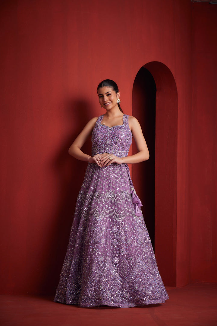Neerus Purple embroidered lehenga set - front view