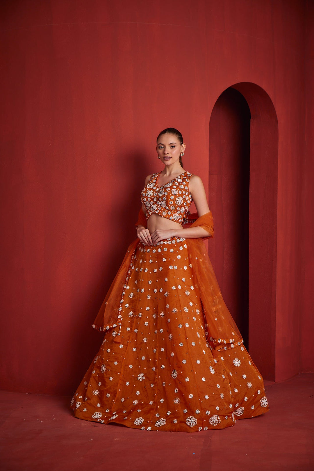 Neerus Yellow georgette embellished lehenga set - front view