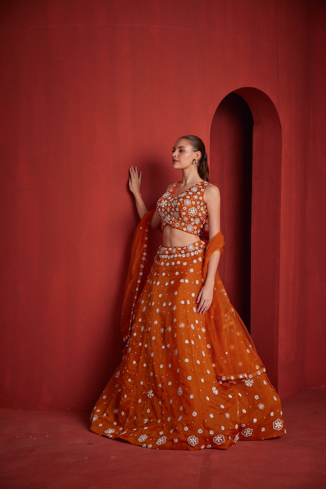Neerus Yellow georgette embellished lehenga set - back view