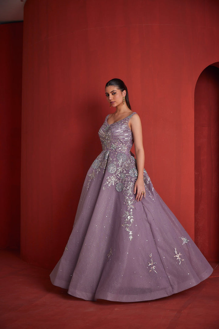 Neerus Purple georgette embellished gown - front view