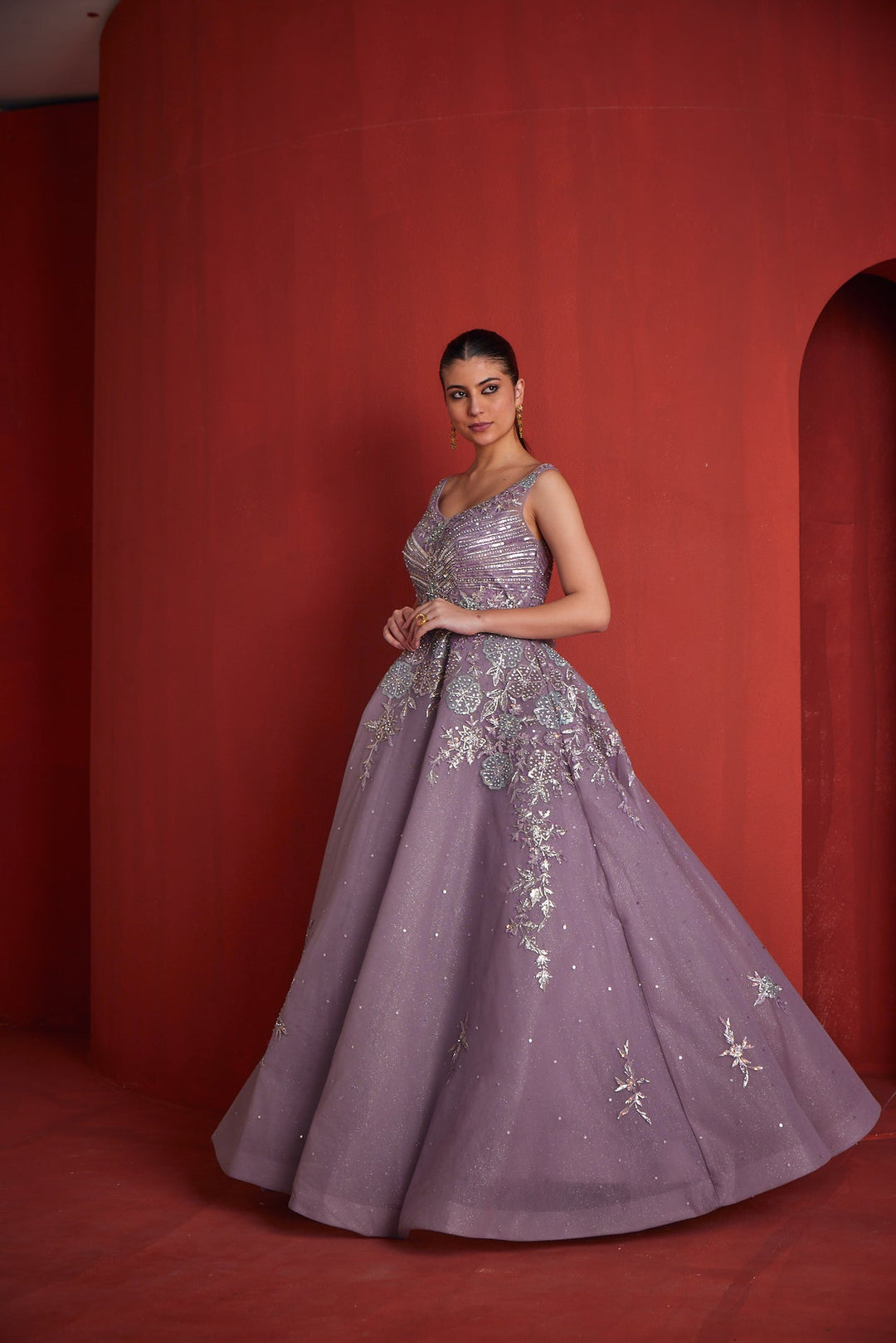 Neerus Purple georgette embellished gown - back view
