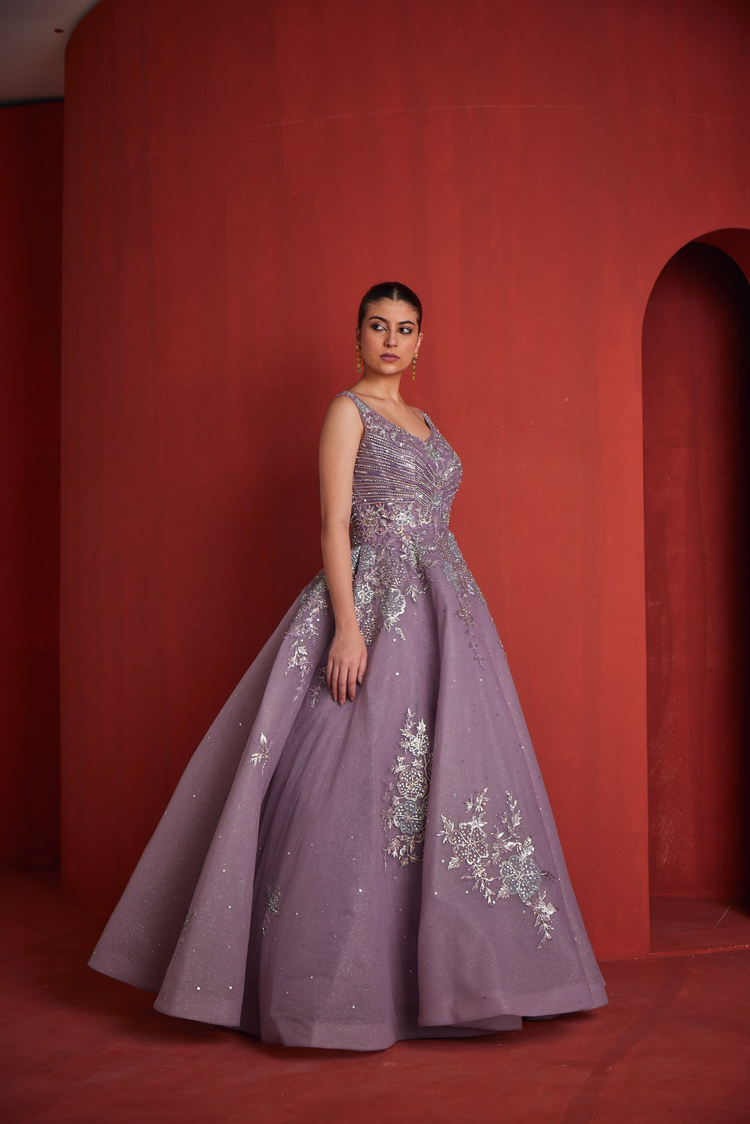 Neerus Purple georgette embellished gown - side view