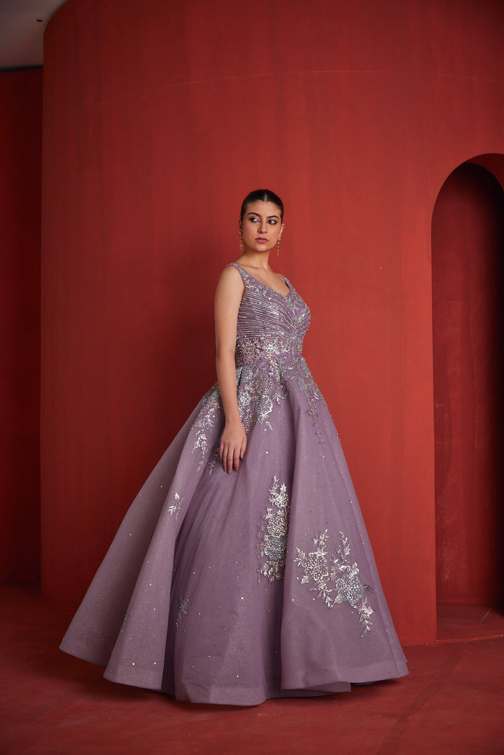 Neerus Purple georgette embellished gown - side view