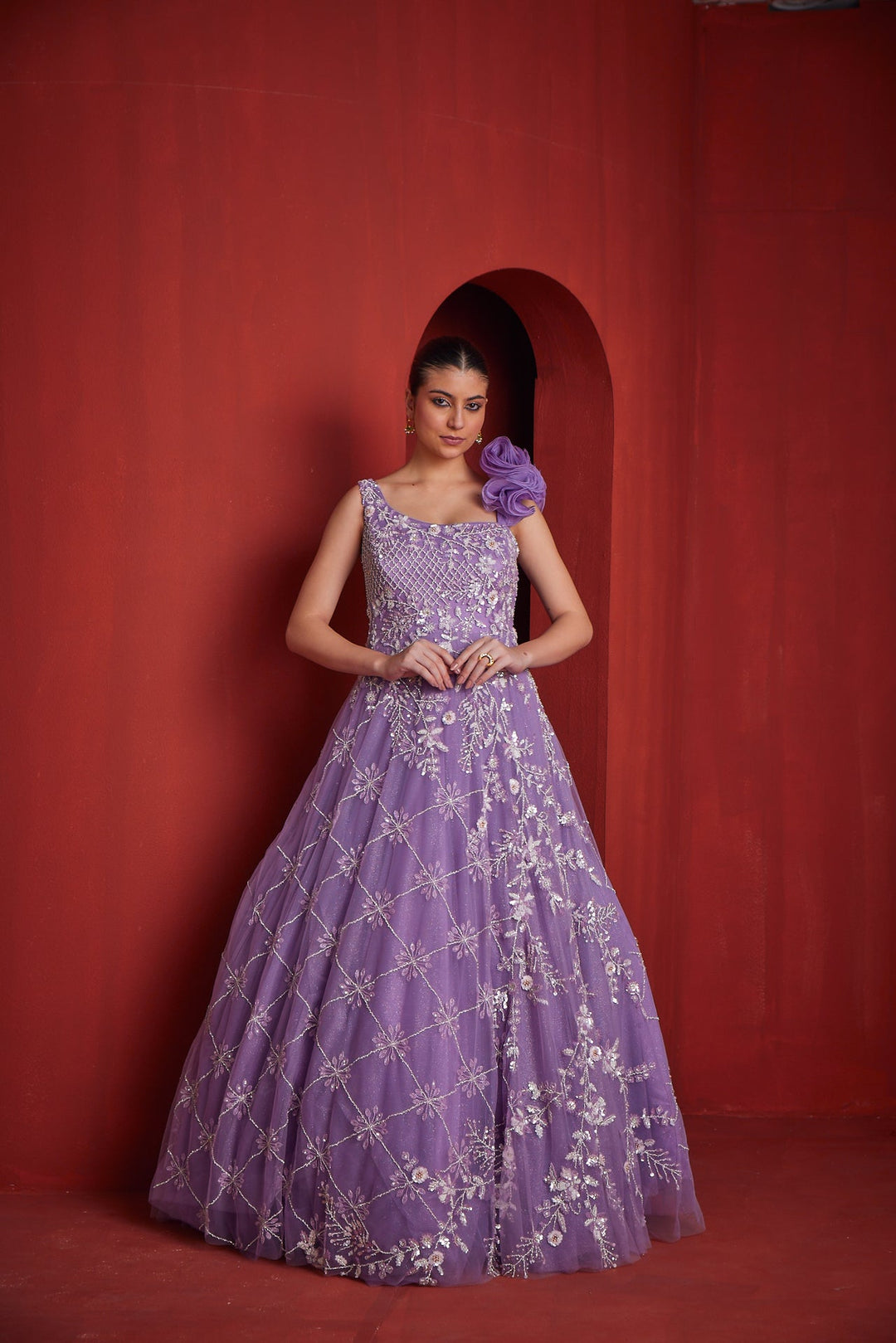 Neerus Purple georgette embellished gown - front view