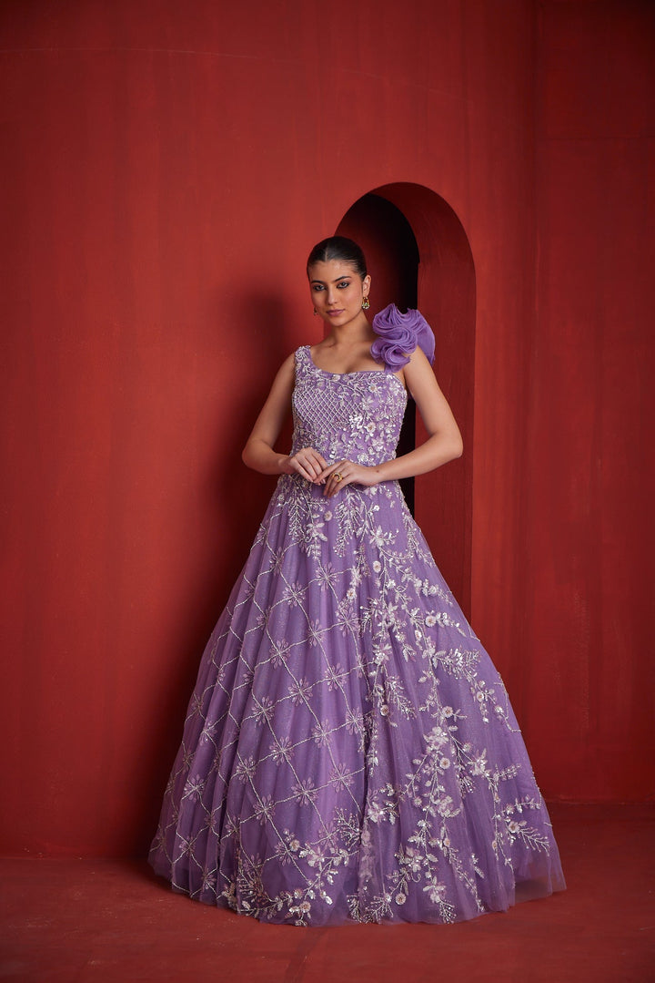 Neerus Purple georgette embellished gown - back view