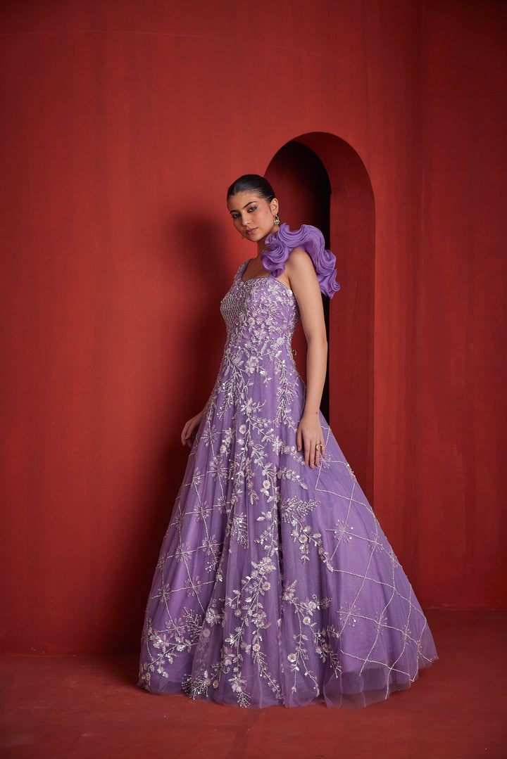 Neerus Purple georgette embellished gown - side view