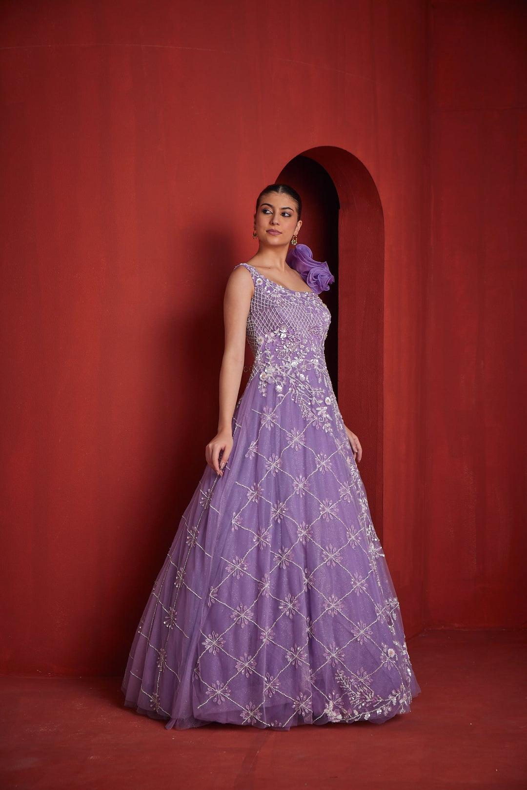 Neerus Purple georgette embellished gown - detail view 1