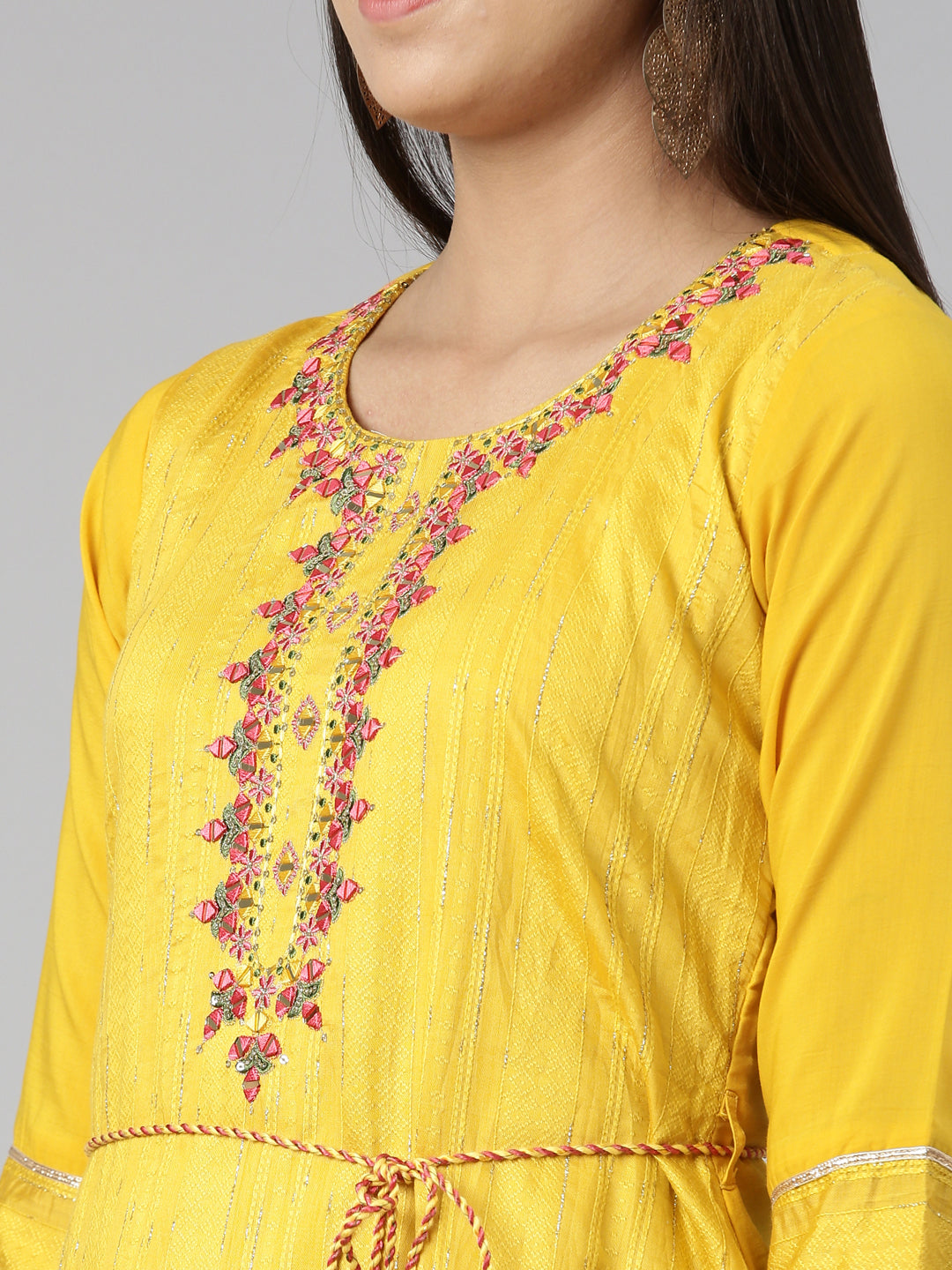Neerus Yellow cotton embroidered anarkali kurta - detail view 1