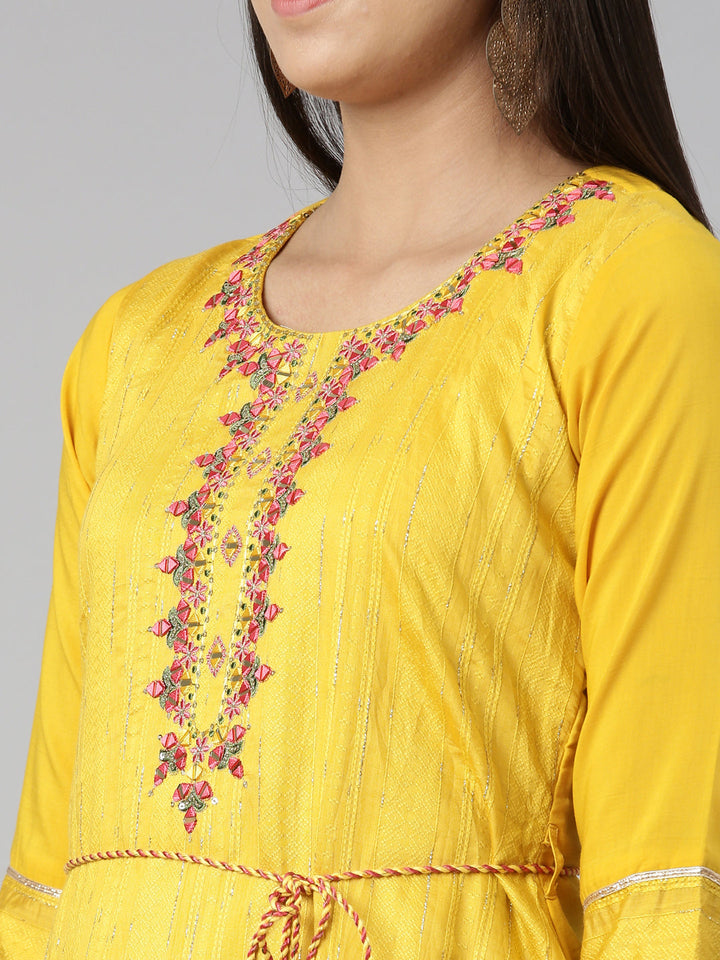 Neerus Yellow cotton embroidered anarkali kurta - detail view 1
