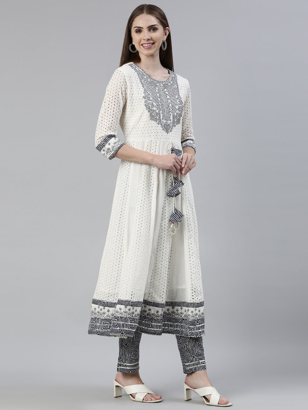 Neerus White Jute Cotton Printed Anarkali Kurta Set - back view