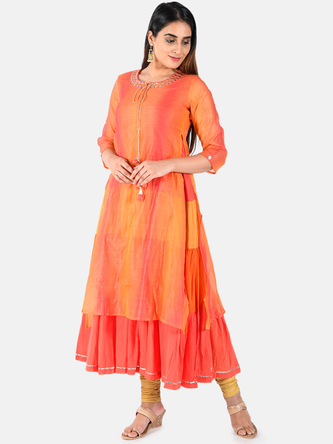 Neerus Orange Chanderi A-line layered kurti - detail view 2