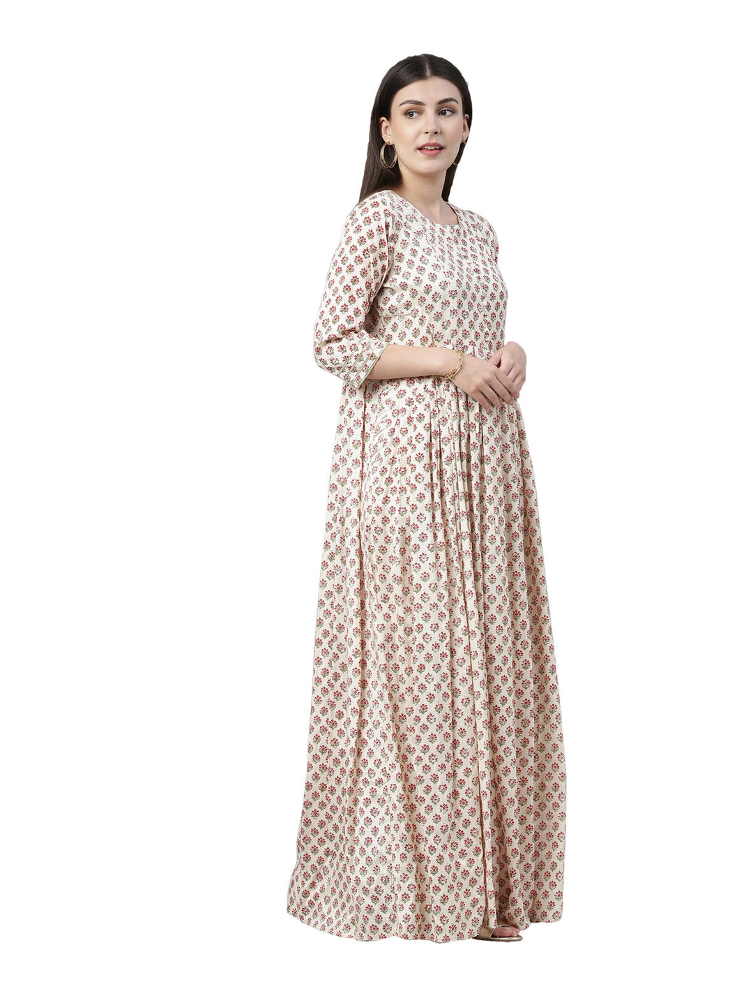 Neerus Beige floral printed anarkali kurta - side view