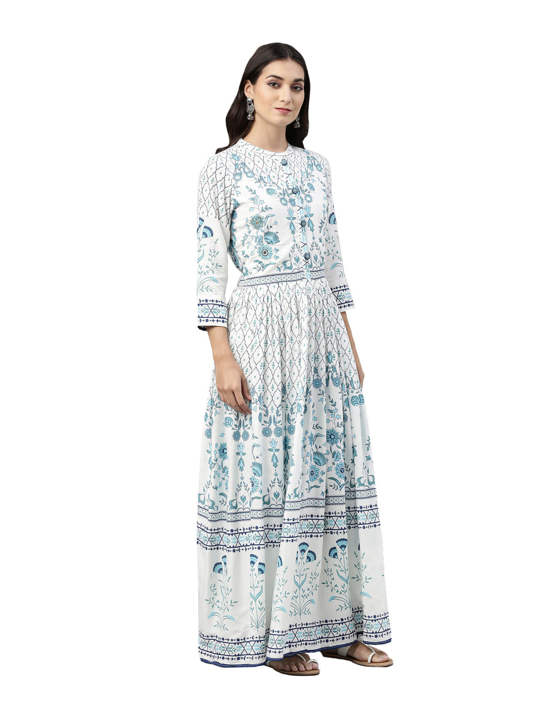 Neerus White floral mirror work anarkali kurta - side view