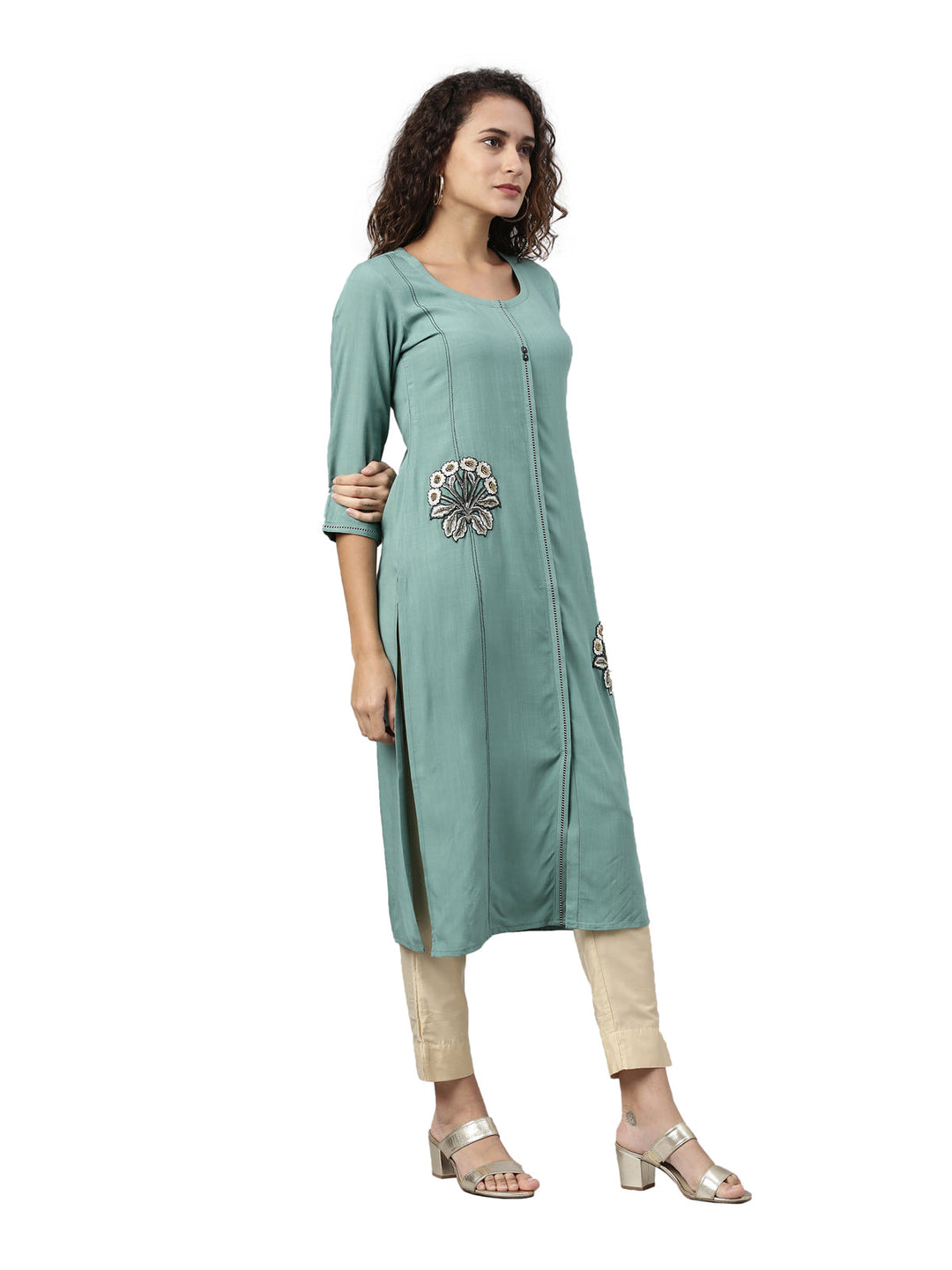 Neerus Blue cotton solid kurti - side view