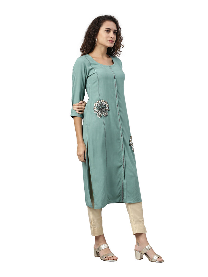 Neerus Blue cotton solid kurti - side view