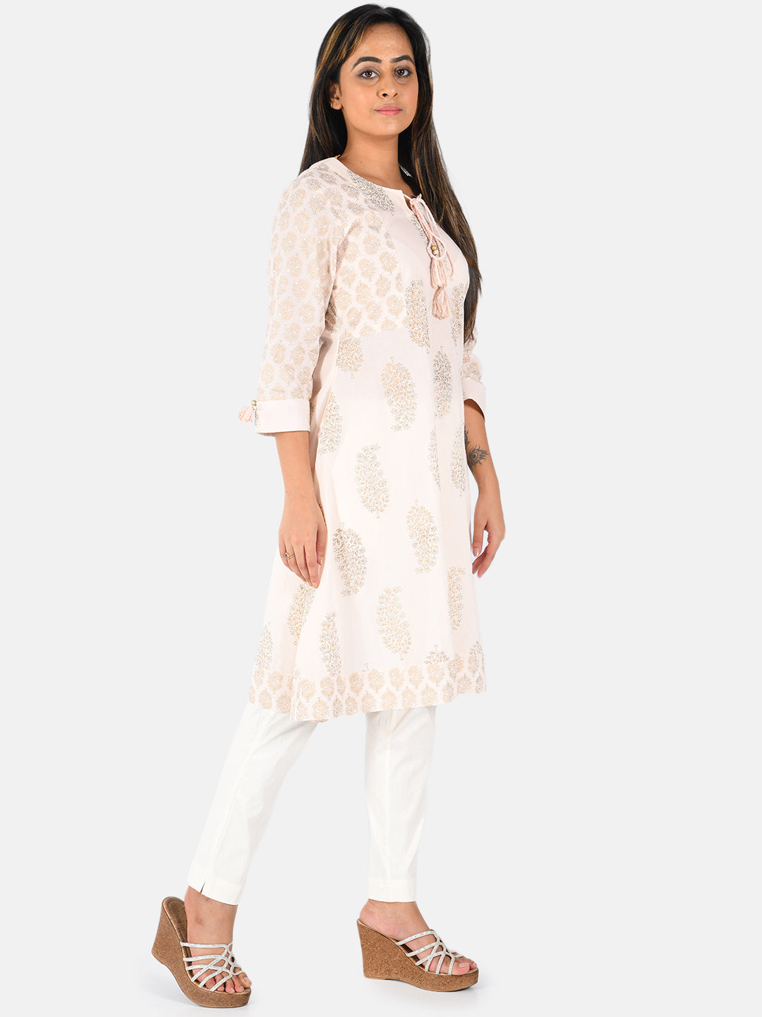 Neerus Orange cotton printed A-line kurti - detail view 2