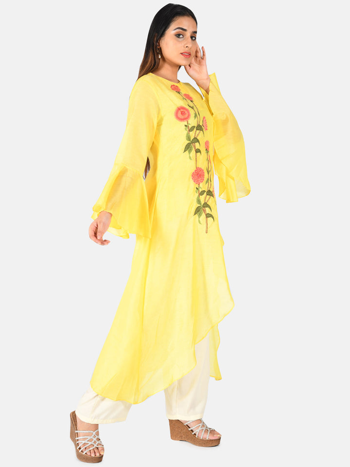 Neerus Yellow Chanderi embroidered kurta set with palazzo - side view