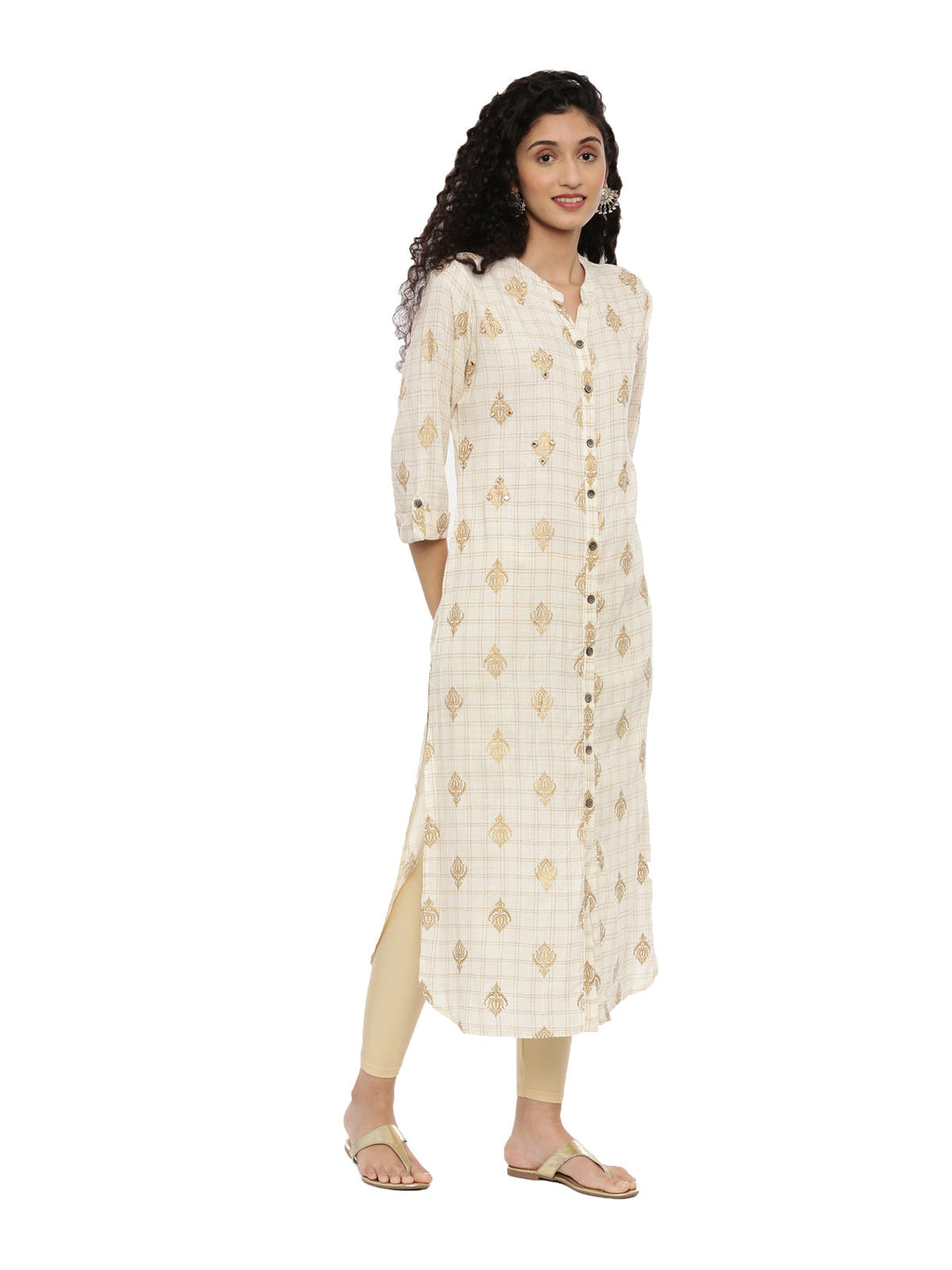 Neerus Beige cotton thread embroidered kurti - detail view 2