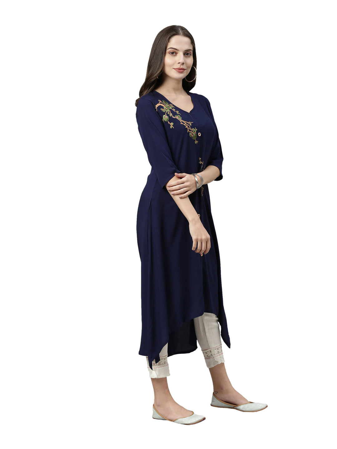Neerus Blue embroidered floral A-line kurta - back view