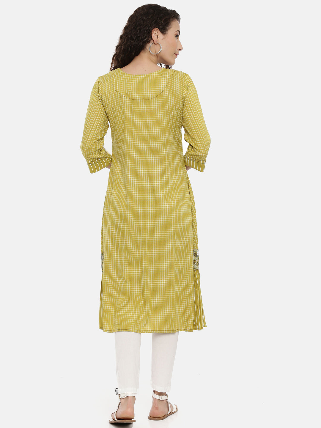 Neerus Green cotton checked A-line kurta - side view
