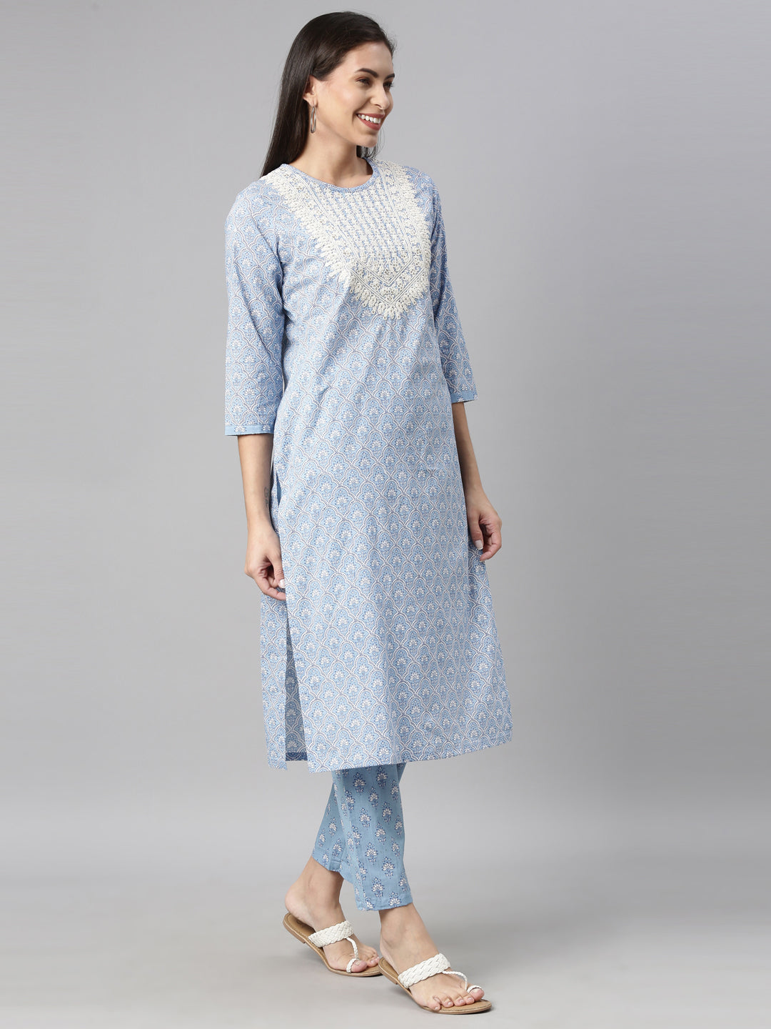 Neerus Blue printed thread embroidered kurta set - back view