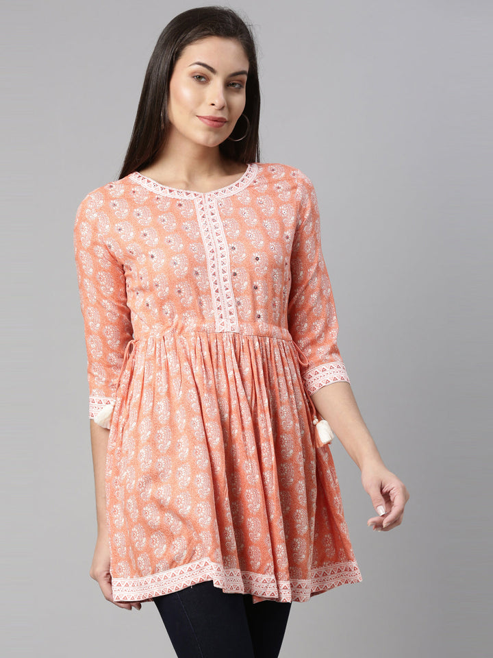 Neerus Pink floral printed sequinned pleated kurti - side view