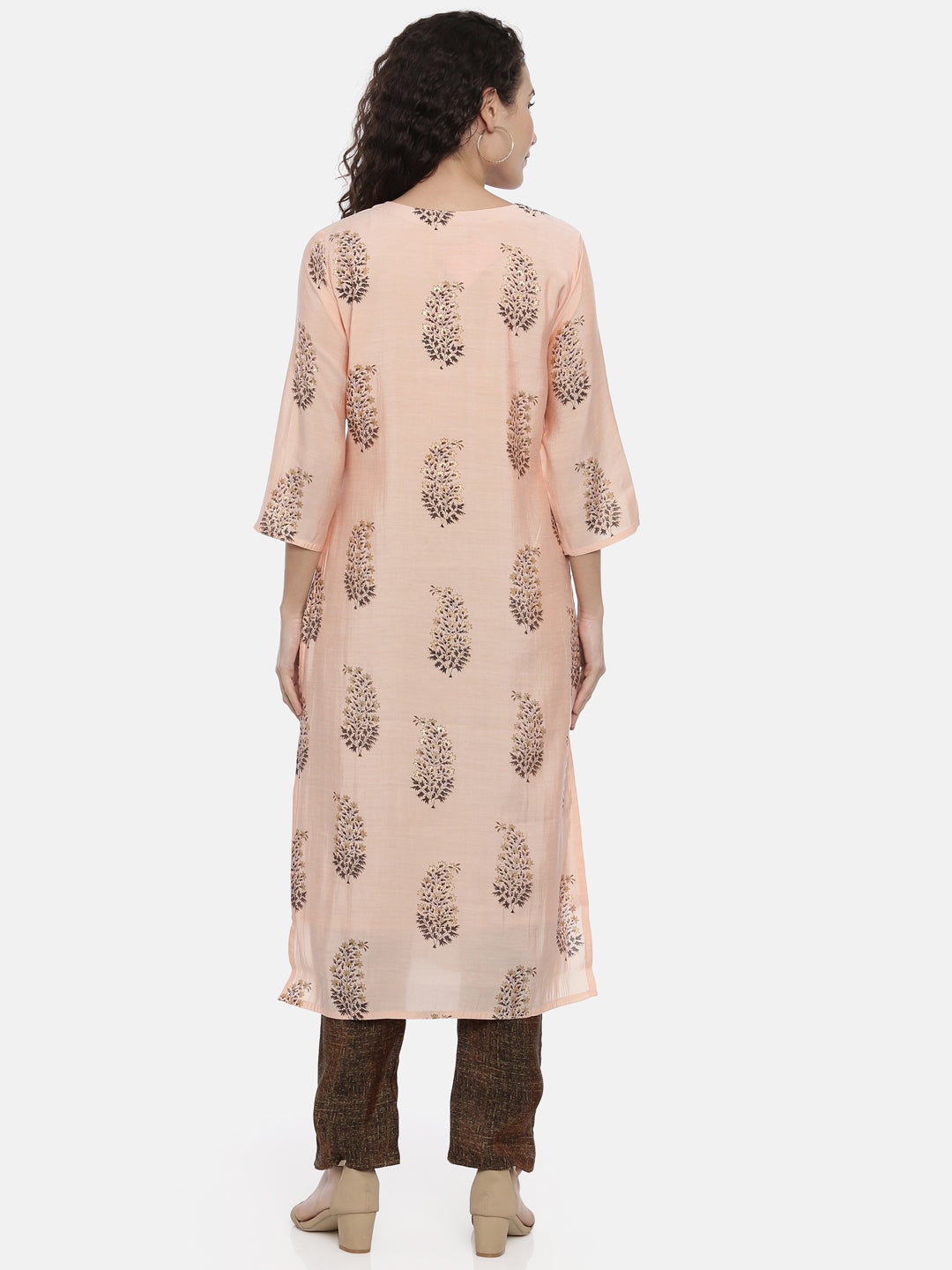 Neerus Beige rayon printed kurti - side view