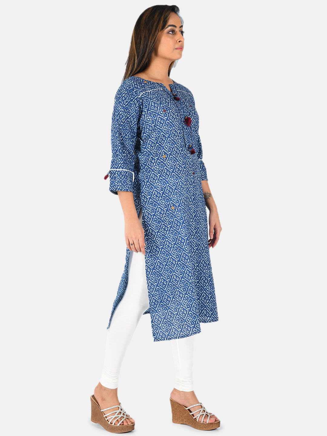 Neerus Blue printed straight kurta - side view