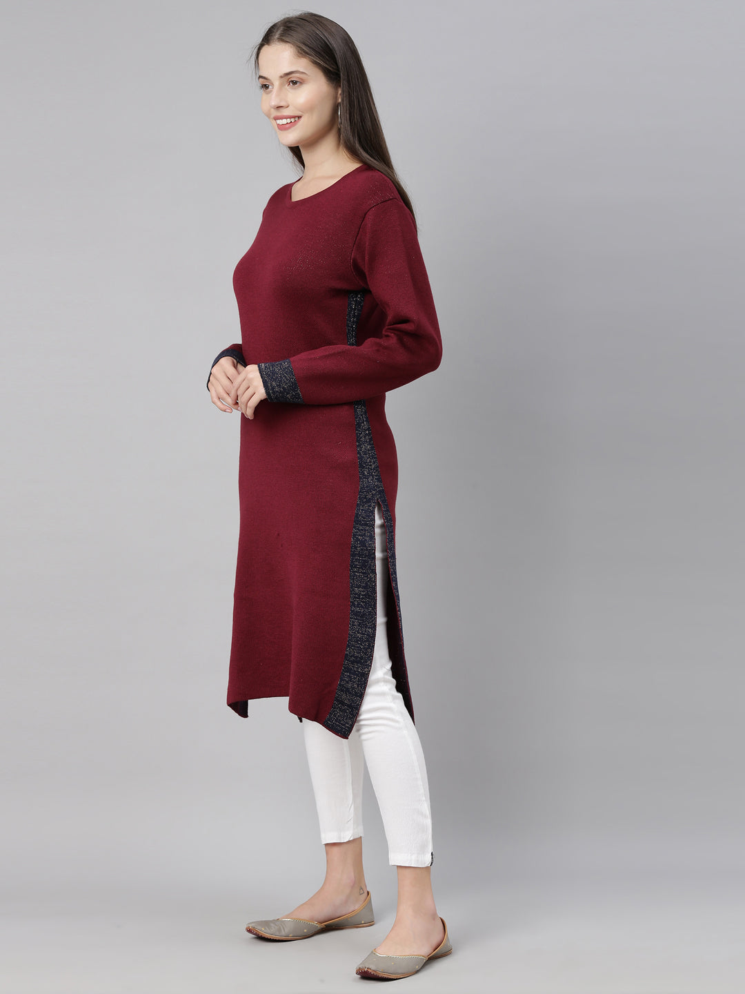 Neerus Maroon acrylic woven knitted kurti - detail view 1