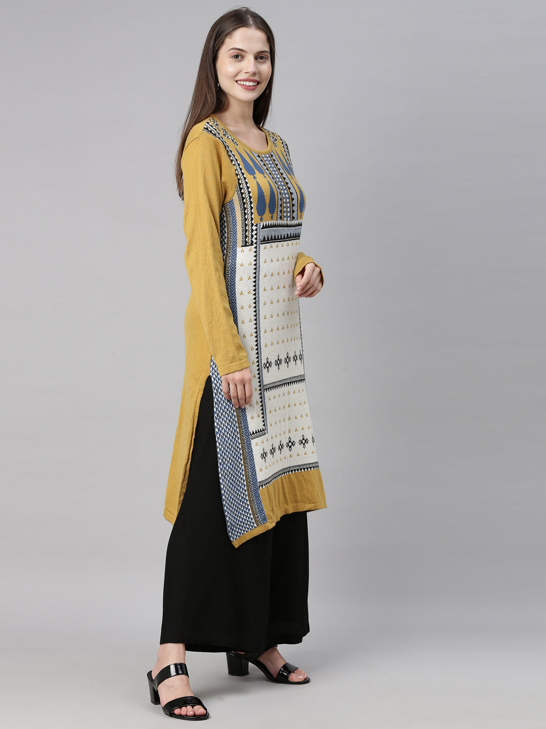 Neerus Yellow acrylic printed kurta geometric design - side view