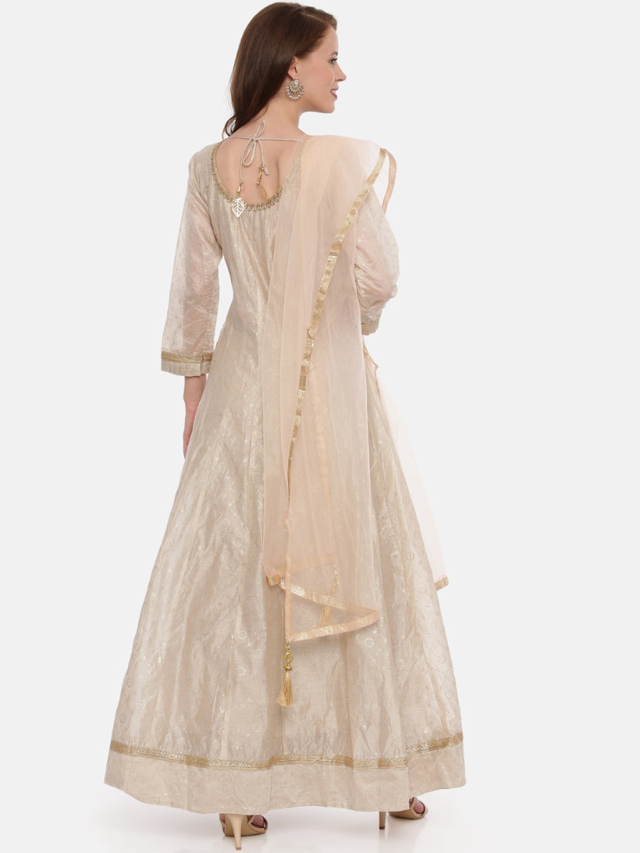Neerus Beige Chanderi embroidered anarkali suit set - detail view 1