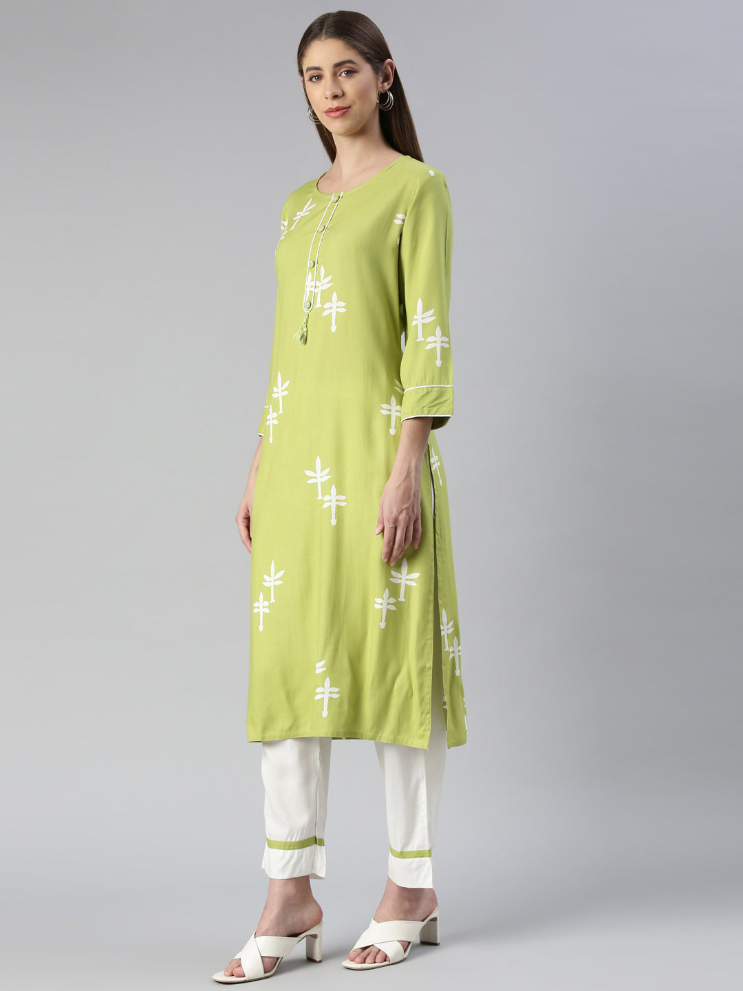 Neerus Green printed straight kurta set with trouser - back view