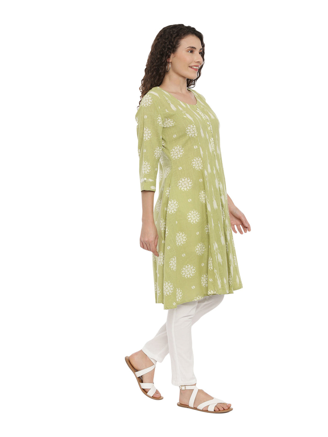 Neerus Green woven anarkali kurta - side view
