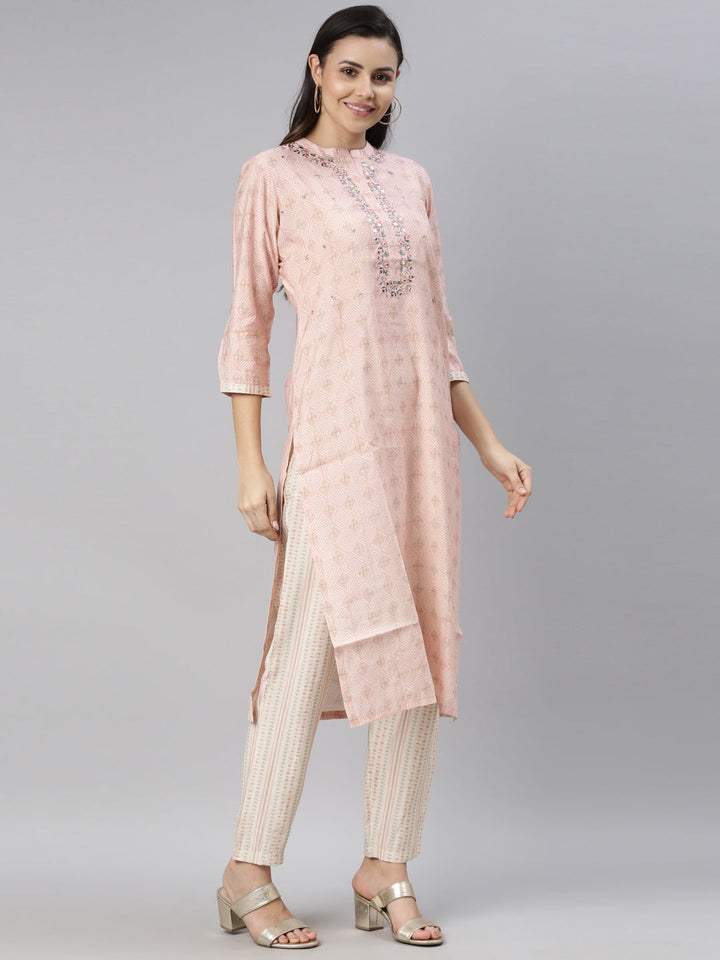 Neerus Pink printed mirror work kurta set - side view
