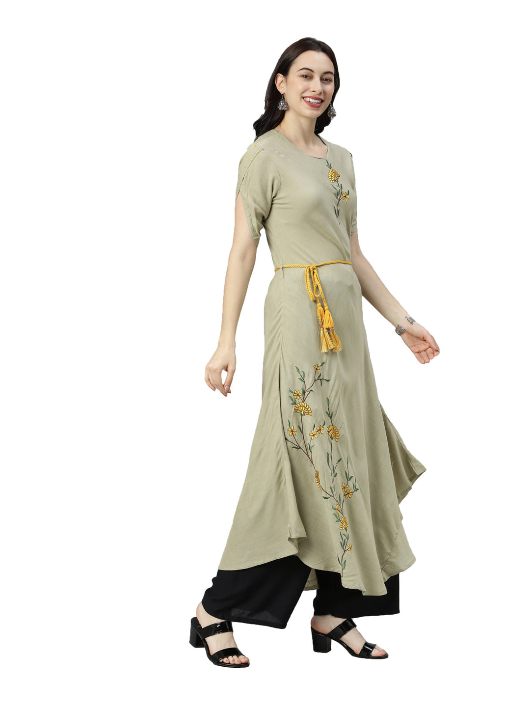 Neerus Green rayon thread embroidered kurti - side view