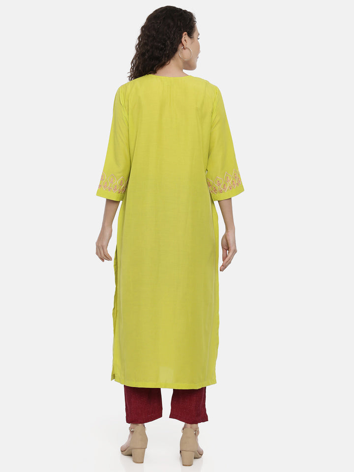 Neerus Yellow rayon thread embroidered kurti - side view